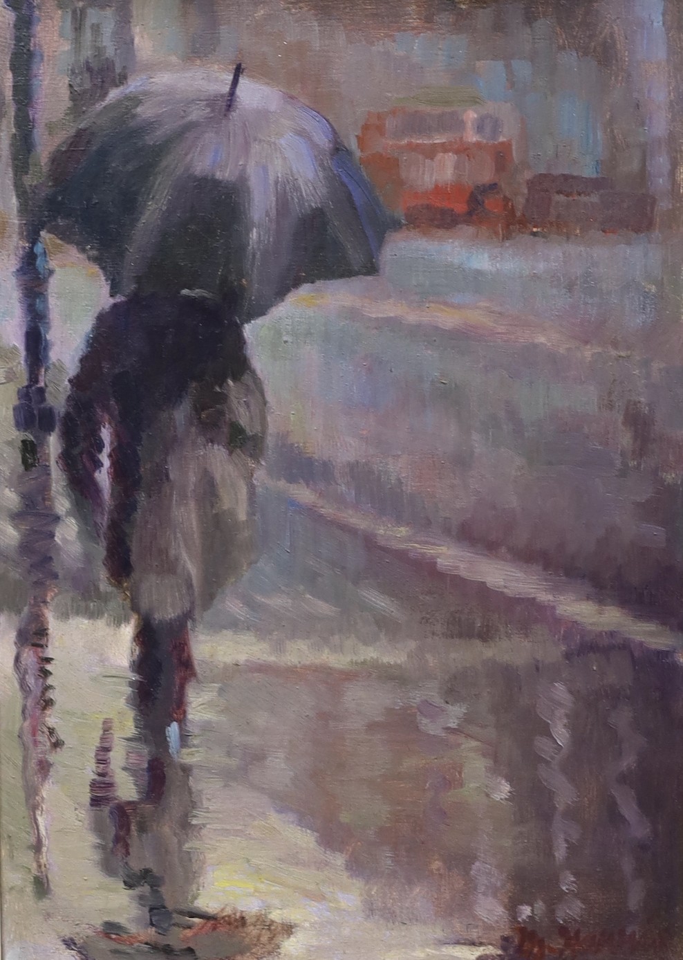 Marjorie Harris, oil on board, 'Rainy day in London', signed, 34 x 24cm